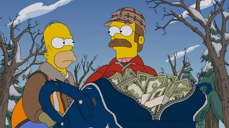 A concerned Homer Simpson and Ned Flanders look over a bag full of cash in The Simpsons