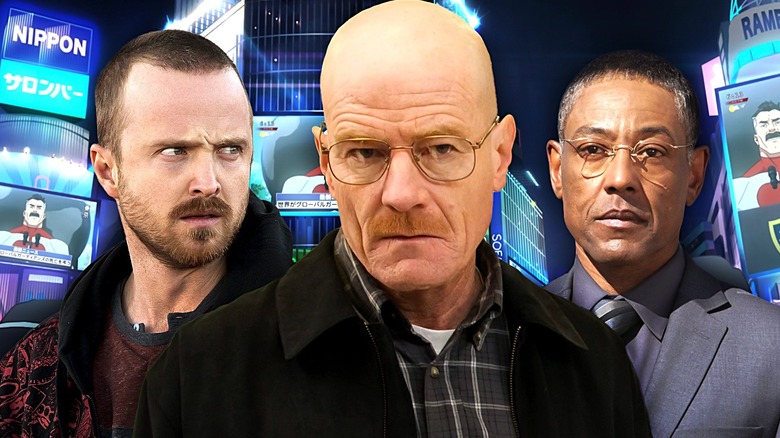 Jesse Pinkman, Walter White e Gus Fring com discurso omni-homem tocando em segundo plano