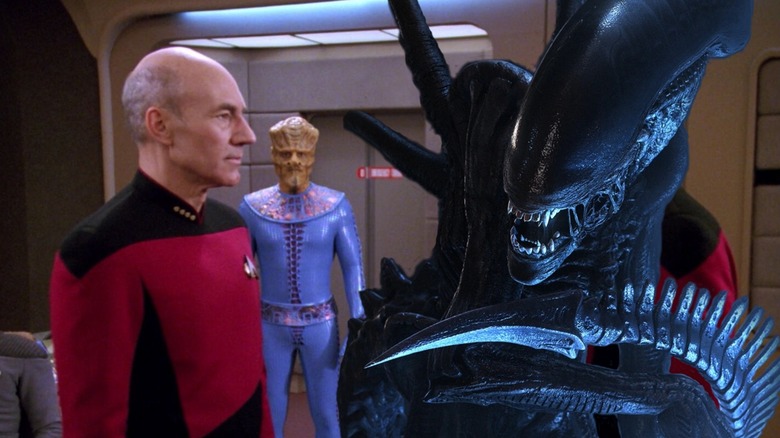 Captain Picard on the bridge of the Enterprise, an alien xenomorph edited into the photo next to him