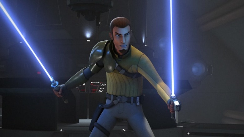 Kanan Jarrus fends off an opponent with two lightsabers