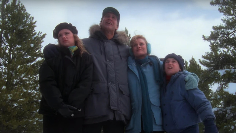 The Griswold family stands admiring a tree in the cold and snow in Christmas Vacation