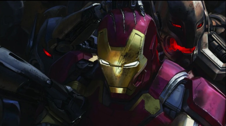 Iron Man vs Ultron-Drohne als Poster zu „Avengers: Age of Ultron“ von Andy Park