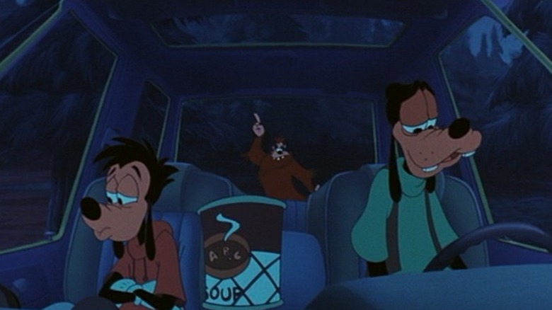 Goofy and Max avoid Bigfoot in A Goofy Movie