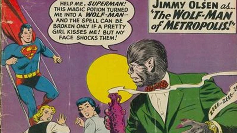 A werewolf version of Jimmy Olsen looks back at Superman on the cover of Jimmy Olsen 44