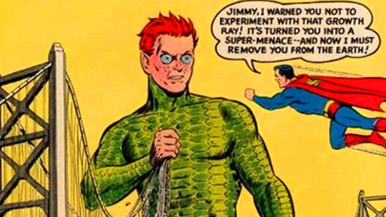 A giant turtle man version of Jimmy Olsen stares at Superman on the cover of Jimmy Olsen 53