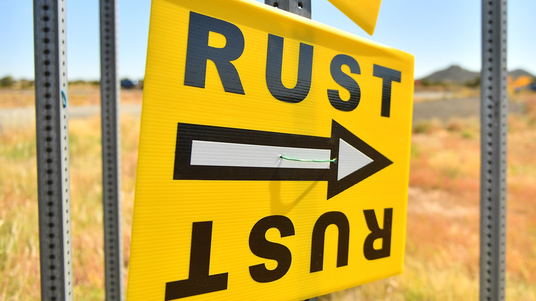 Sign leading to Rust production set in Santa Fe, New Mexico