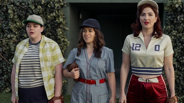 Melanie Field, Abbi Jacobson and D'Arcy Carden in A League of Their Own