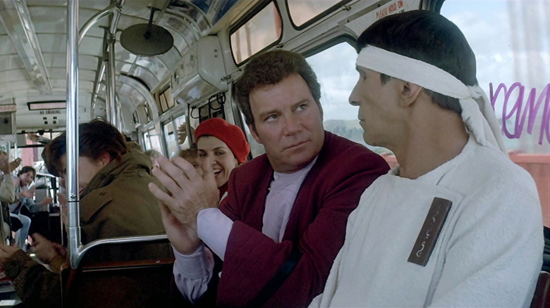 Kirk applauding Spock for knocking out a loud punk in Star Trek IV: The Voyage Home