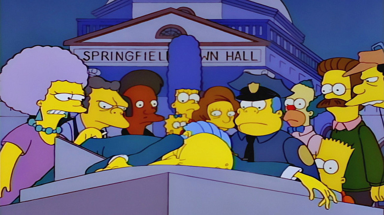 The citizens of Springfield star in shock at Mr. Burns, who's been shot, on The Simpsons