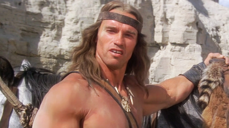 Arnold Schwarzenegger's Conan stands by a horse in Conan the Destroyer