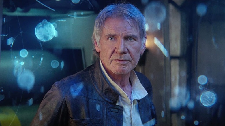 Harrison Ford's Han Solo telling Rey and Finn about the Force in Star Wars: The Force Awakens