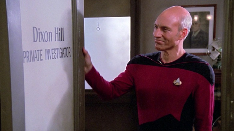 Picard looking at a 1930s-era detective door in Star Trek: The Next Generation