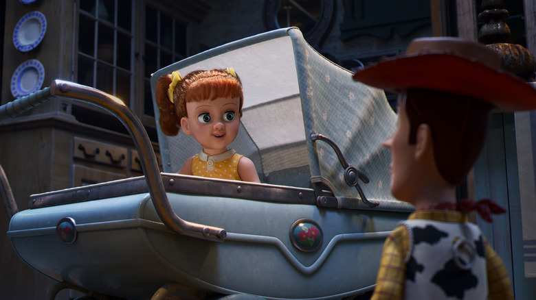 Gabby Gabby in her pram, talking to Woody in Toy Story 4 (2019)