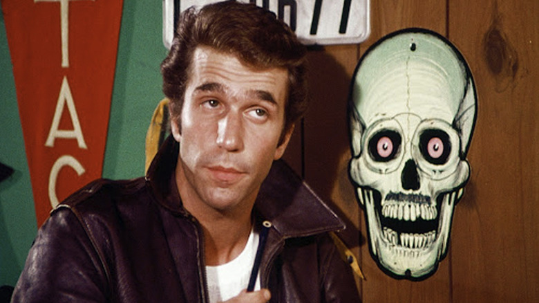 Henry Winkler with raised eyebrows as Arthur "Fonzie" Fonzarelli in Happy Days