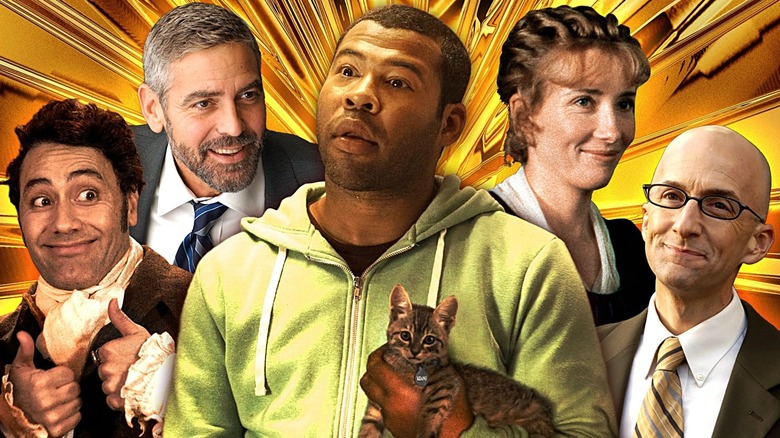 A composite image of Jordan Peele in Keanu, Taika Waititi in What We Do in the Shadows, George Clooney in Burn After Reading, Emma Thompson in Sense and Sensibility, and Jim Rash in Community.