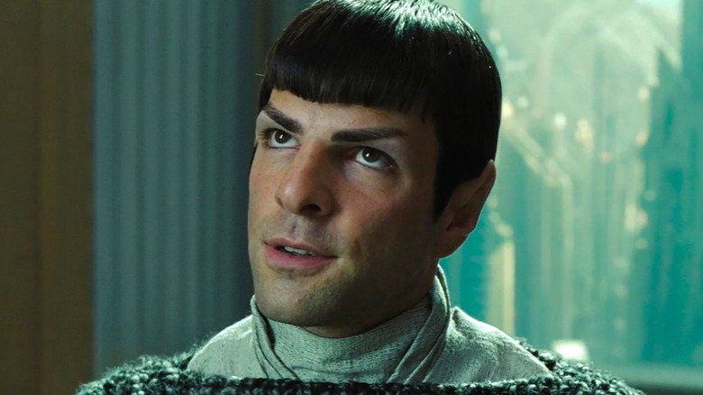 Spock stands before a group of Vulcan elders in the 2009 film 