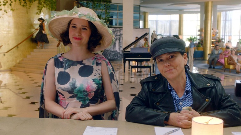 Rachel Brosnahan as Midge Maisel and Alex Borstein as Susie Myerson in The Marvelous Mrs. Maisel