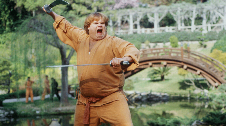 Chris Farley holding Samurai swords Beverly Hills Ninja