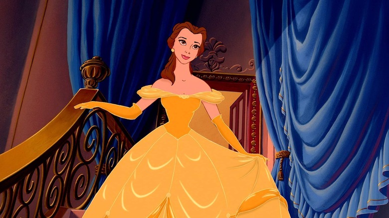 Belle in her golden gown in Beauty and the Beast