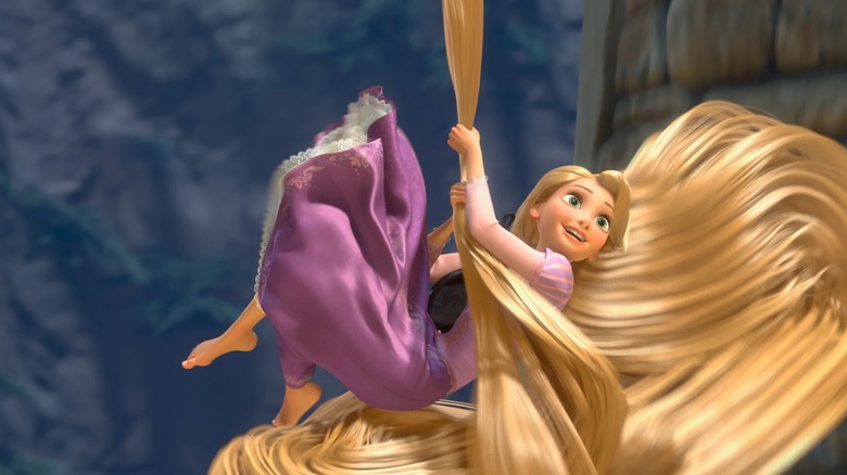 Rapunzel uses her hair to rappel down her tower in Tangled