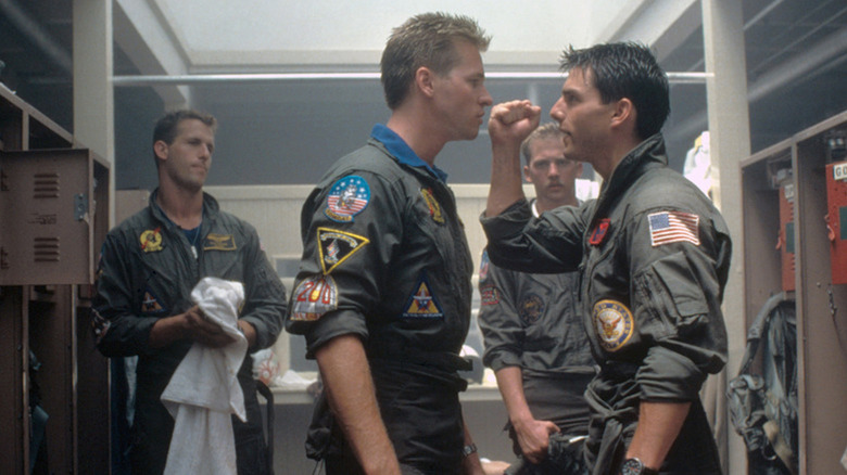 Tom Cruise as Maverick taunts Val Kilmer as Iceman in Top Gun