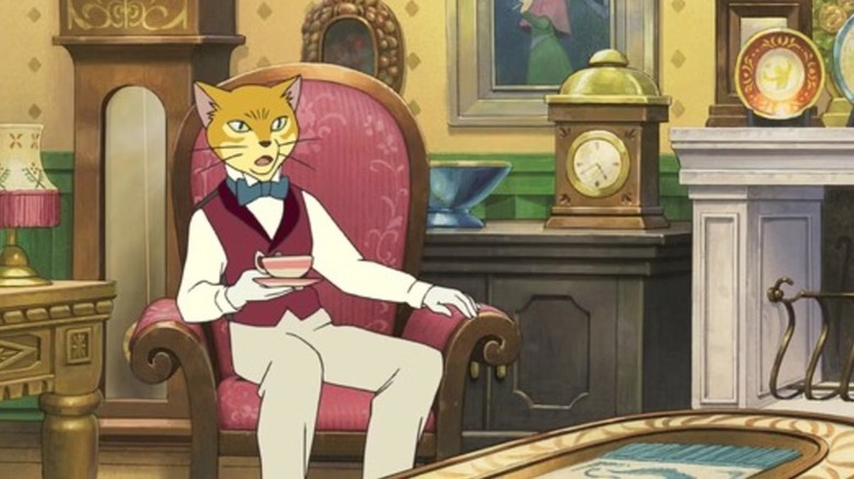 The Baron sips a warm cuppa in a well furnished room in The Cat Returns