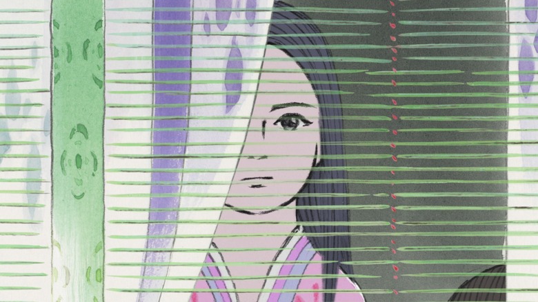 Kaguya peeks out from behind a curtain in The Tale of the Princess Kaguya