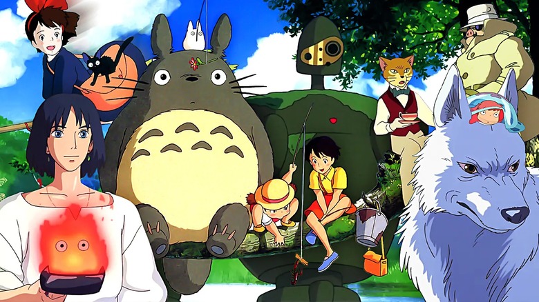 Totoro and his buddy, Kiki and Jiji, Ponyo, the wolves from Princess Mononoke, Howl and Calcifer from his moving castle, Porco Rosso's pig, The Baron from Cat Returns, and God Machine from Castle In The Sky