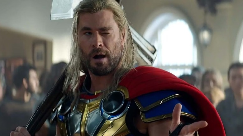 Thor: Love & Thunder Thor winks and shoots a finger gun