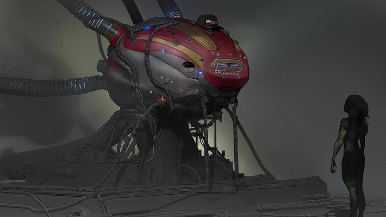 Concept art of the robot K.E.V.I.N. staring down She-Hulk