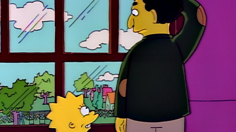 The Simpsons Lisa and Mr. Bergstrom lean and talk at window