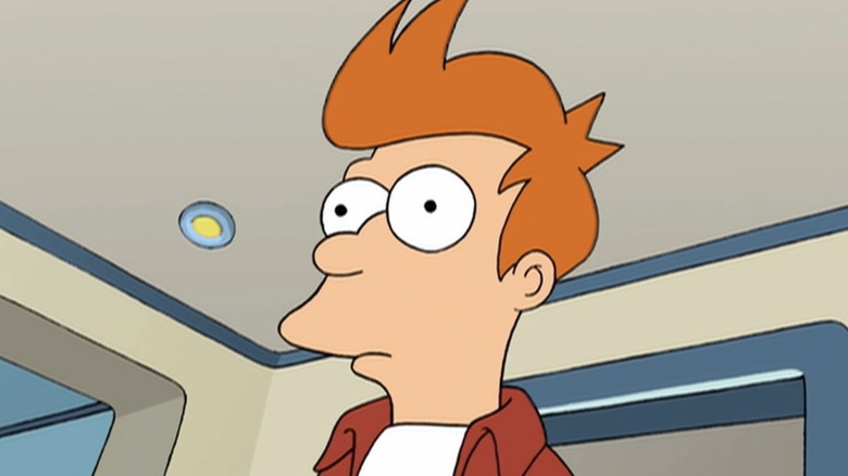 Fry looks surprised standing inside in Futurama