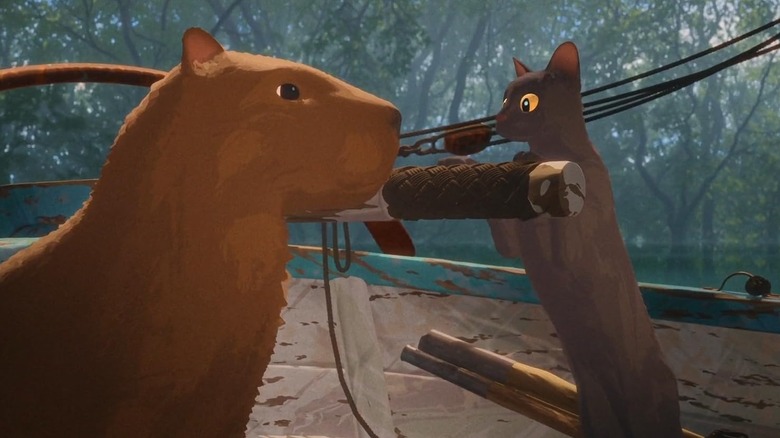 Capibara and a black cat facing each other on a boat in a flow