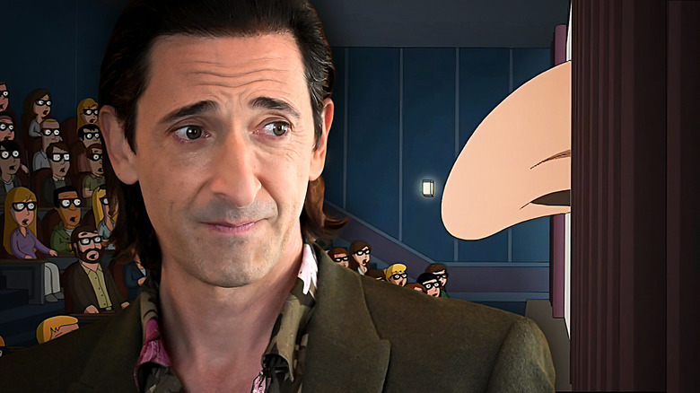 Adrien Brody next to a parody of his nose coming out of a movie screen in Family Guy