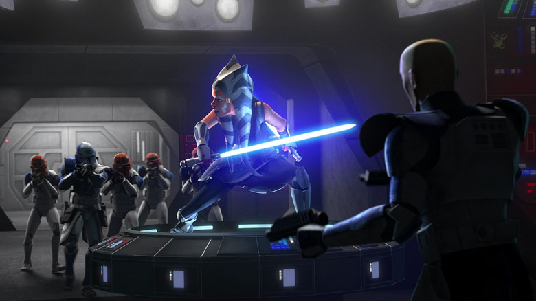 Ahsoka fends off the Clones trying to kill her