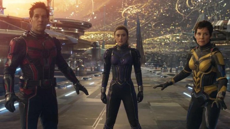 Paul Rudd, Kathryn Newton, and Evangeline Lilly in Ant-Man and the Wasp: Quantumania