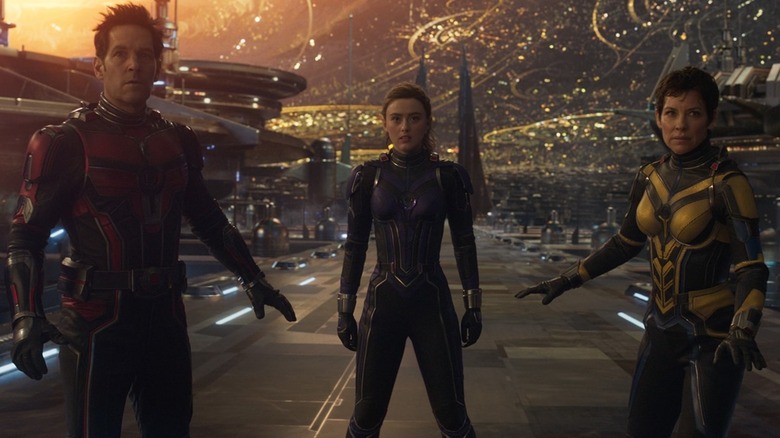 Paul Rudd, Kathryn Newton, and Evangeline Lilly in Ant-Man and the Wasp: Quantumania