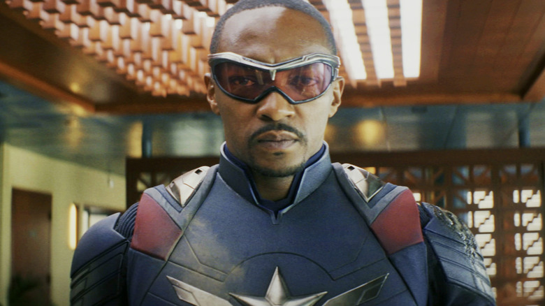 Sam Wilson/Captain America on Anthony Mackie/Captain America looks resolved while moving forward in Captain America: Brave New World