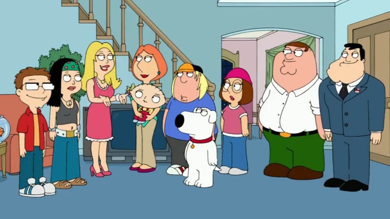 The characters from the American meeting of the American Dad and the Guy family