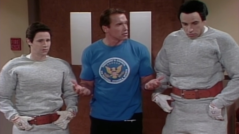 Dana Carvey, Arnold Schwarzenegger, and Kevin Nealon in a Hans & Franz sketch from SNL