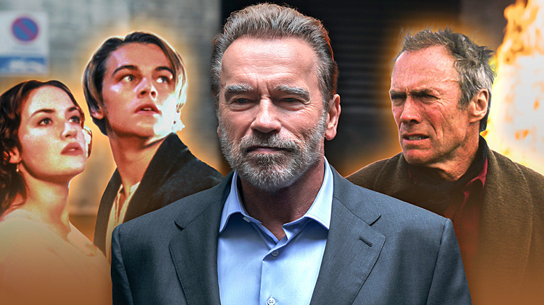 Arnold Schwarznegger sobreposto a imagens de Leonardo Dicaprio, Kate Winslet e Clint Eastwood