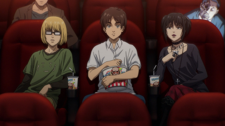 Armin, Mikasa and Eren watching a movie in Attack on Titan: The Last Attack