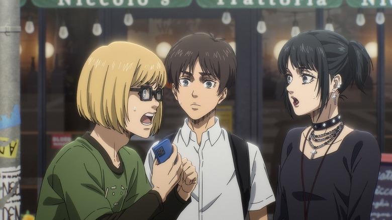 Armin raises his hands angrily when talking to Eren and Mikasa in Attack on Titan: Last Attack