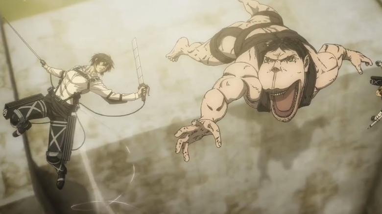 Mikasa Ackerman and the Cart Titan in Attack on Titan