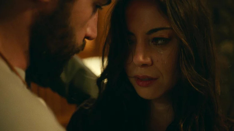 Aubrey Plaza crying close to Christopher Abbott in Black Bear