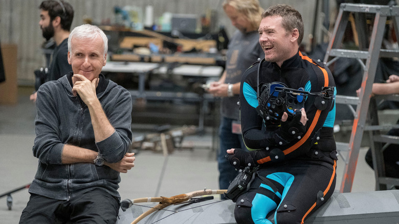 James Cameron and Sam Worthington on the set of Avatar The Way of Water