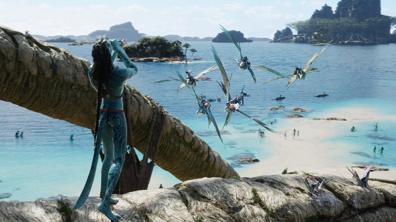 The Sully/Neytiri clan flying into the Metkayina lands on ikran