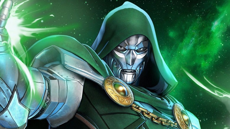 Um desenho do Doctor Doom da capa de uma edição da Marvel Comics