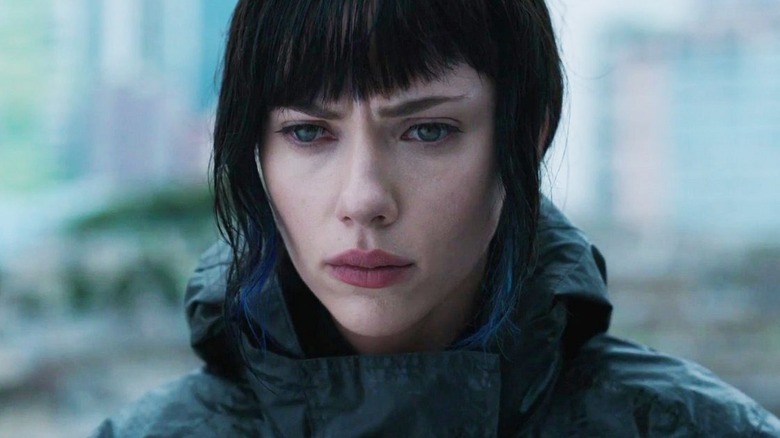 Cyborg Scarlett Johansson in rain coat