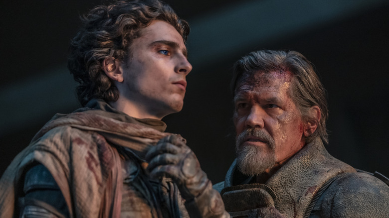 Timothee Chalamet as Paul Atreides and Josh Brolin as Gurney Halleck in Dune Part Two